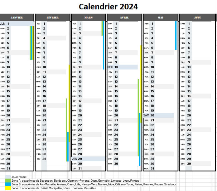Calendrier 2024 gratuit sous Excel et en PDF avec vacances scolaires et